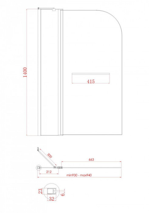Шторки скляні на ванну Koer SR BS04-95x140-TR-07 прозоре скло 6мм, графіт (KR5404)