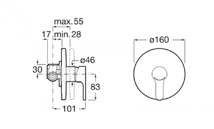 Змішувач для душу ROCA L20 одноважільний, вбудований Ø160 мм, хром A5A2A09C00