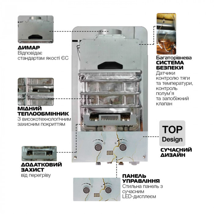 Газова колонка MIXXUS GWH-0510 BASIC GLASS димохідна 10 л/хв (панель зі скла з малюнком) (WH0026)