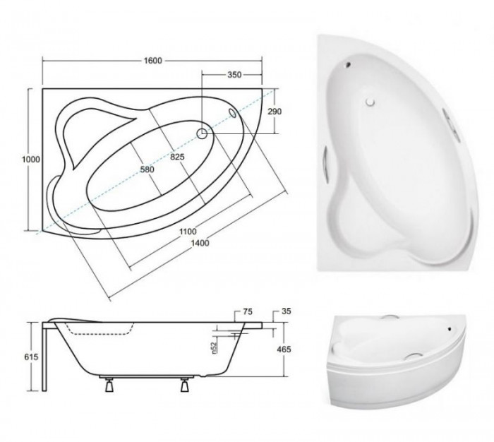 Ванна акрилова ADA 160х100 ліва: без обудови і ніг / з отворами під ручки