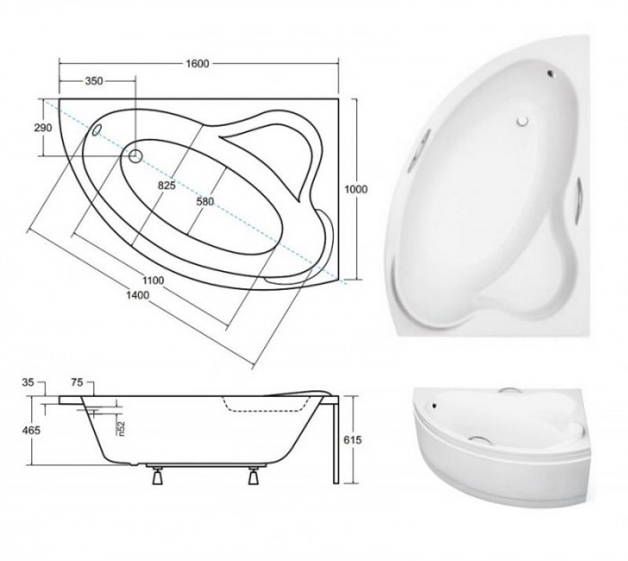Ванна акрилова ADA 160х100 права: без обудови і ніг / БЕЗ отворів під ручки