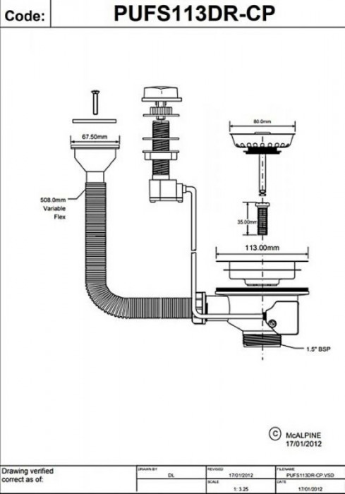 Злив для кухонної мийки (автомат) з горизонтальним переливом PUFS113DR-CP 11/2