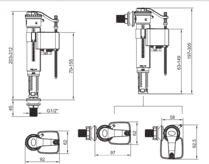 Комплект арматури Koer KT-0301-1/2" (спускна 2-х + наповнювальна з універс. підключенням) (KR5058)