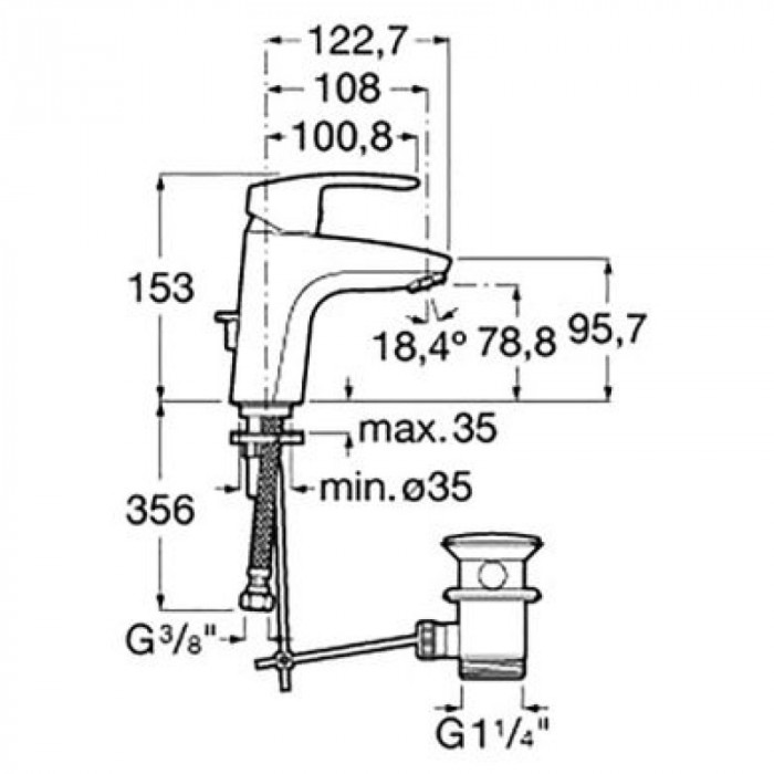 Змішувач для раковини ROCA Monodin-N одноважільний, з донним клапаном h153, хром A5A3098C00