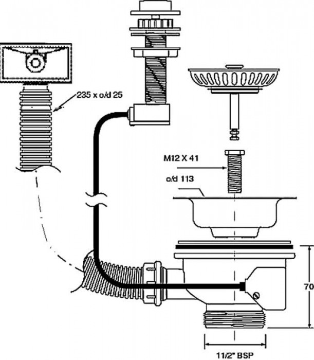 Злив для кухонної мийки (автомат) з квадратним переливом PUFS113R-CP 11/2