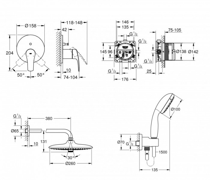 Душова система прихованого монтажу зі змішувачем Grohe Grohtherm SmartControl (UA34614SC4)
