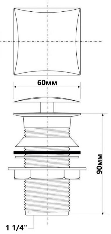 Злив латунний квадратний до умивальника "клік-клак" без перелива 1 1/4*90*60 DECOR CWU60SQCB