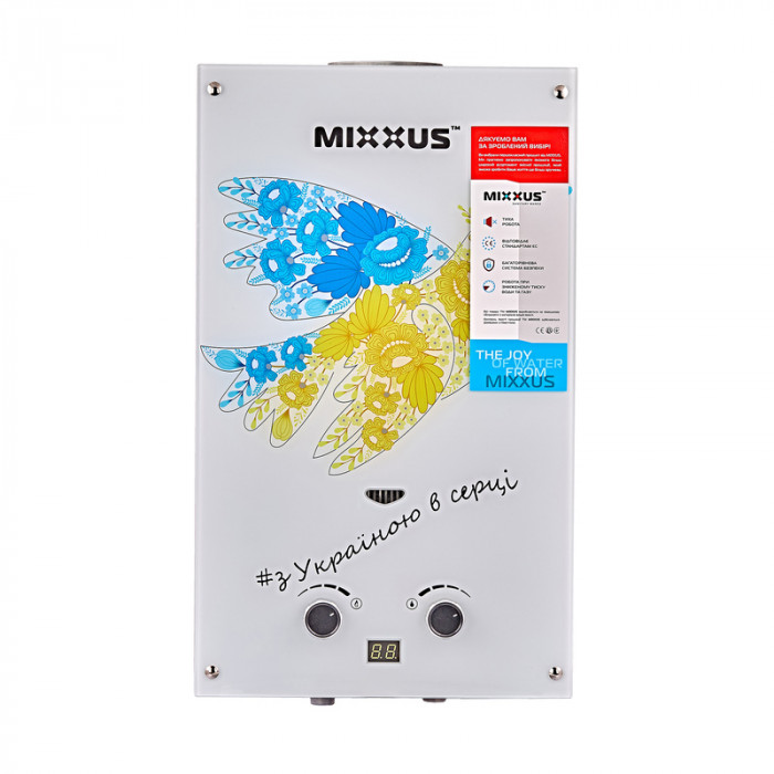 Газова колонка MIXXUS GWH-0610 BASIC GLASS димохідна 10 л/хв (панель зі скла з малюнком) (WH0027)