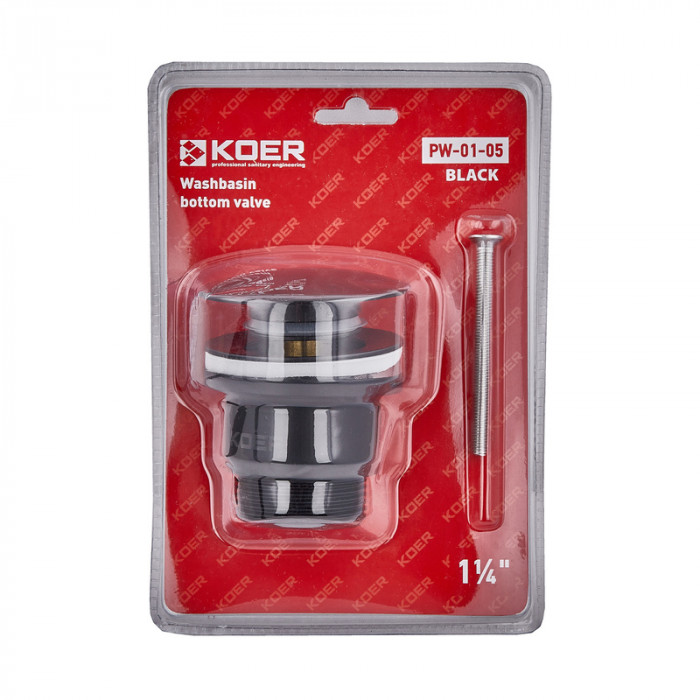 Донний клапан для раковини універсальний (з/без переливу) Koer PW-01-05 автоматичний (Click-Clack) (Колір чорний) 1 1/4'' (KR3403)