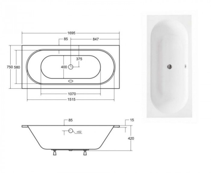 Ванна акрилова VITAE SLIM 170х75 (соло) без ніг