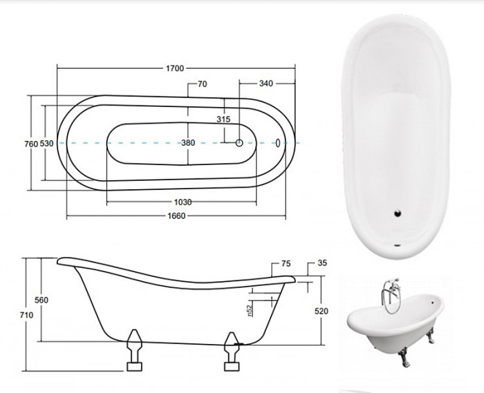 Ванна OTYLIA ретро 170х77 чорна зовні біла всередині з ногами хром