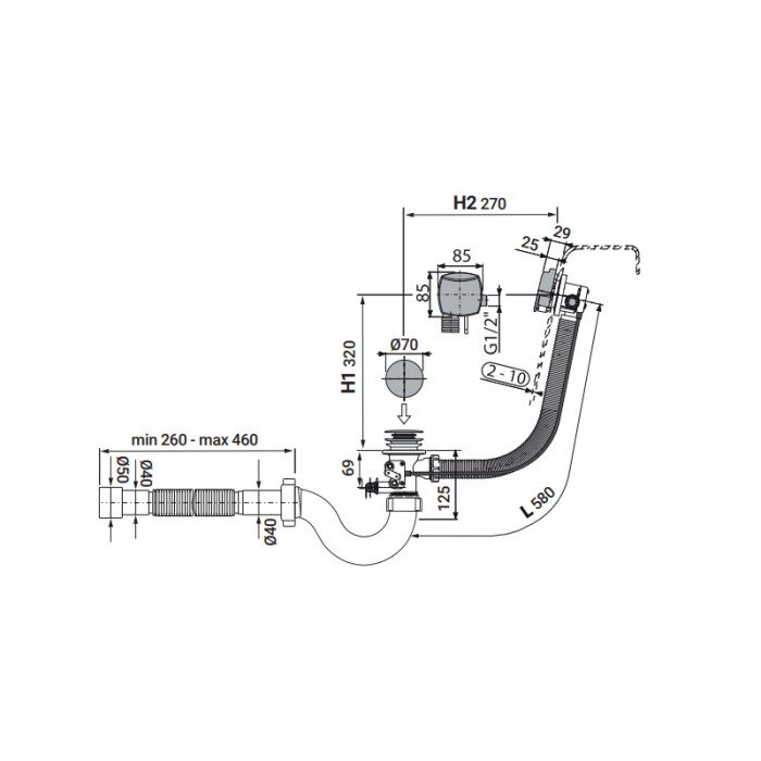 Сифон для ванни Zerix SV-01-B напівавтоматичний з переливом, без ревізії (Колір білий) 1 1/2'' (ZX4959)