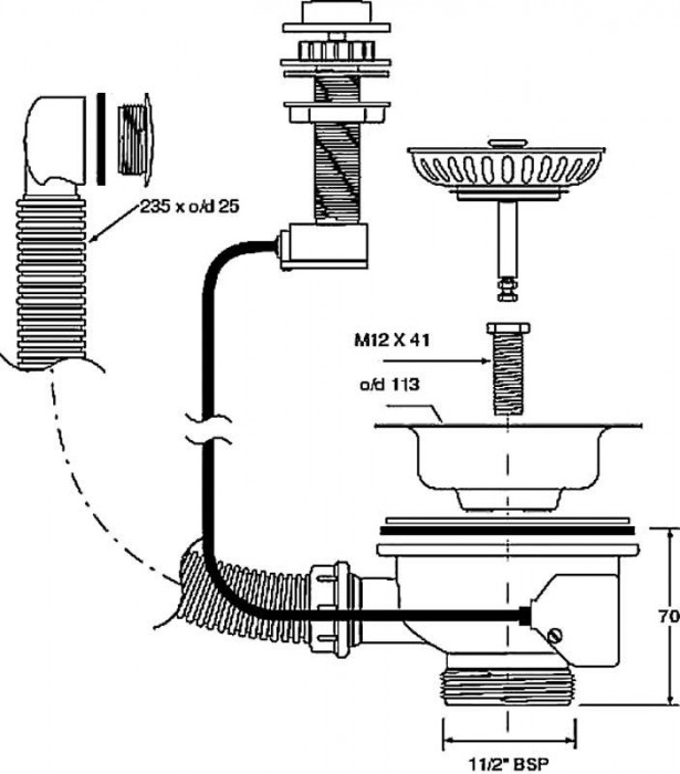 Злив для кухонної мийки-автомат з круглим переливом PUFS113-CP-25 11/2