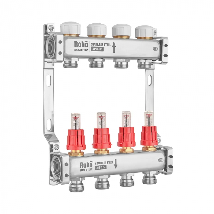 Колектор з витратоміром та термостатичними клапанами Roho R804-04M - 1"х 4 вих. (RO1029)
