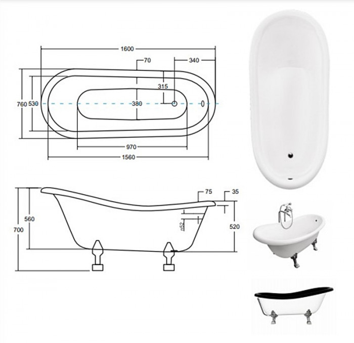 Ванна акрилова OTYLIA ретро 160х77 з білими ногами
