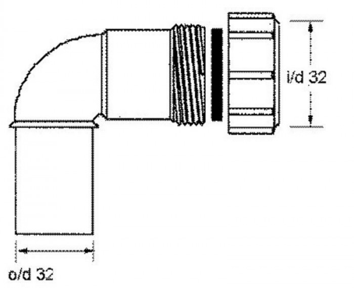 Колено 90* с гайкой Ø32, 32C-WH