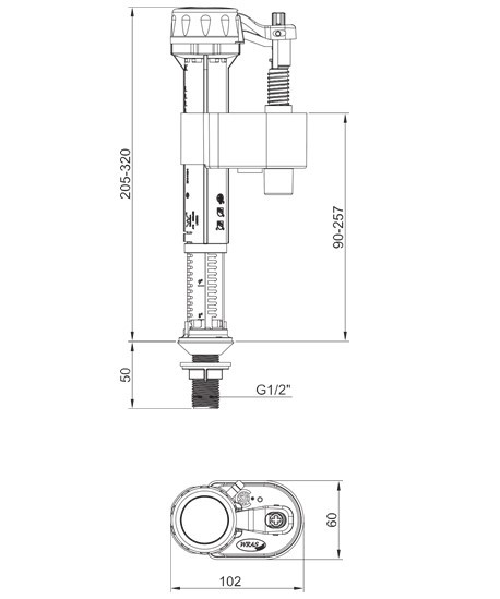 Арматура наповнювальна Koer KT-0104-1/2" з нижнім підключенням та пластиковим різьбленням 1/2" (KR5333)