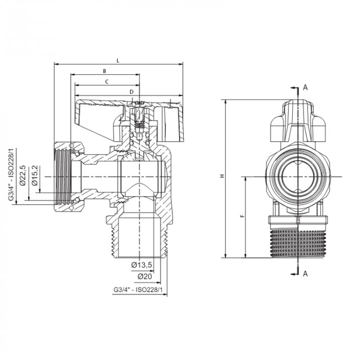 Кран кульовий кутовий Н/Г, Roho R116-075B -3/4"х3/4" ВЗ ручка "метелик" чорна (RO0238)