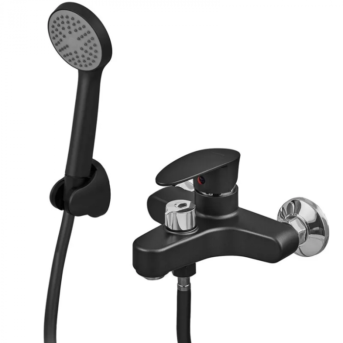 Змішувач для ванни Plamix CEZAR-009 EURO SET Matte black, зі шлангом, лійкою та кронштейном (PM0693)