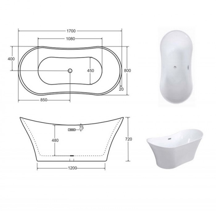 Ванна акрилова AMBER ретро 170х80 з сифоном клік-клак