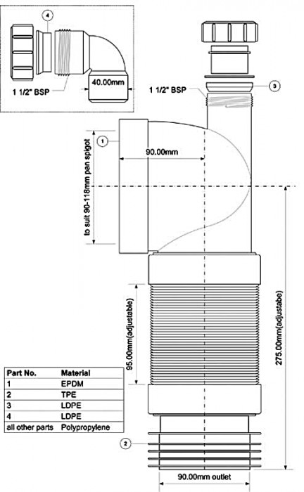Колено для унитаза 90 с гофротрубой с отводом WC-CON8FD