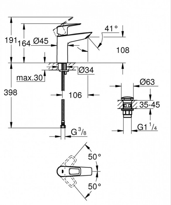 Одноважільний змішувач для раковини M-Size Grohe BauLoop New з нажимним донним клапаном (23886001)