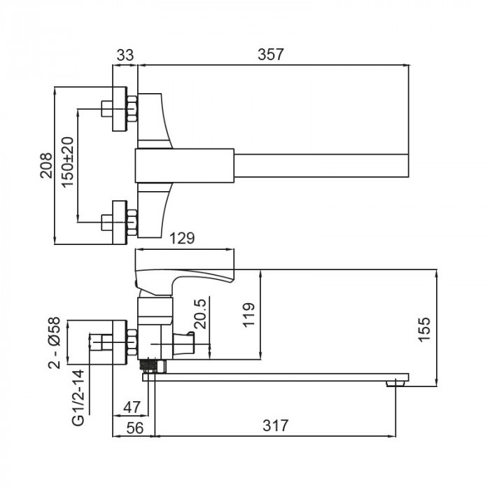 Змішувач для ванни з довгим виливом Koer KB-42007-01 (Колір хром) (KR3456)