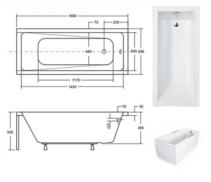 Ванна акрилова MODERN 160x70 (соло) без ніг