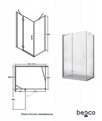 Кабіна прямокутна VIVA 1200x90x195 ліва: скло прозоре, профіль хромований