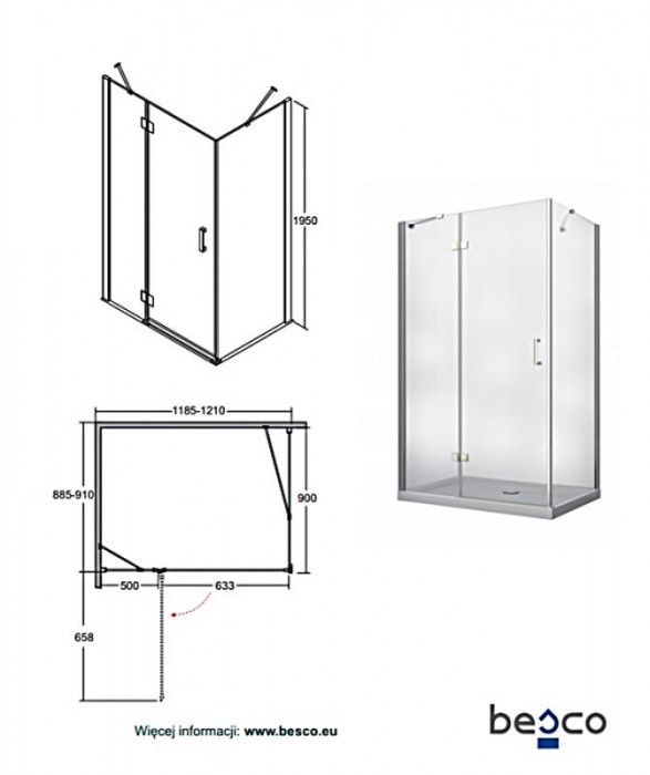 Кабина прямоугольная VIVA 1200x90x195 левая: стекло прозрачное, хромированный профиль