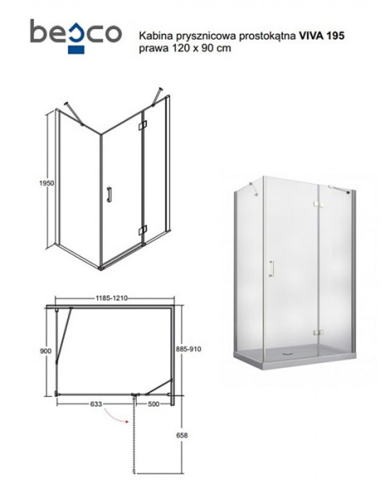 Кабіна прямокутна VIVA 120x90x195 права, скло прозоре, профіль хромований