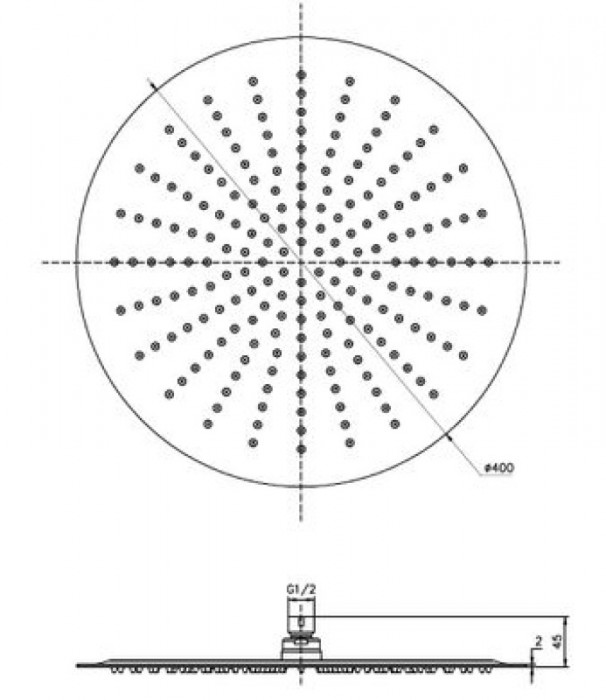 Верхній душ IMPRESE Ø 400 мм, тонкий 2 мм, колір сталь S400SS2