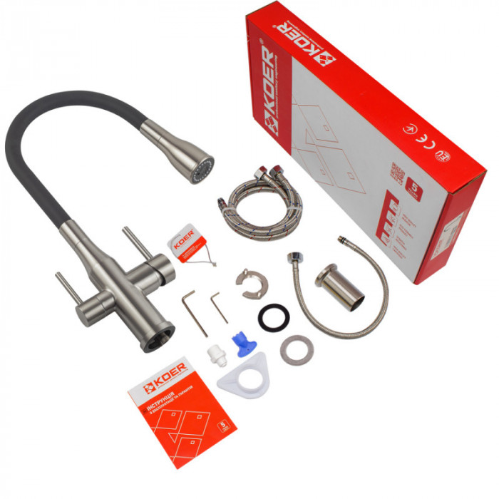 Змішувач для кухні Koer KI-72024-02 з виходом для питної води (нерж. сталь) (KR5011)