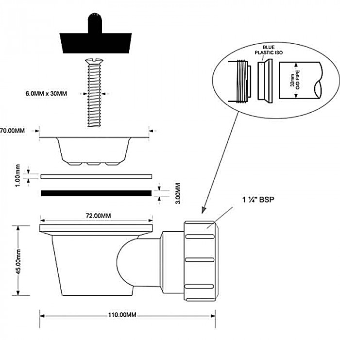 Злив до умивальника з горизонтальним зливом (32х70) BSW10P-90-32