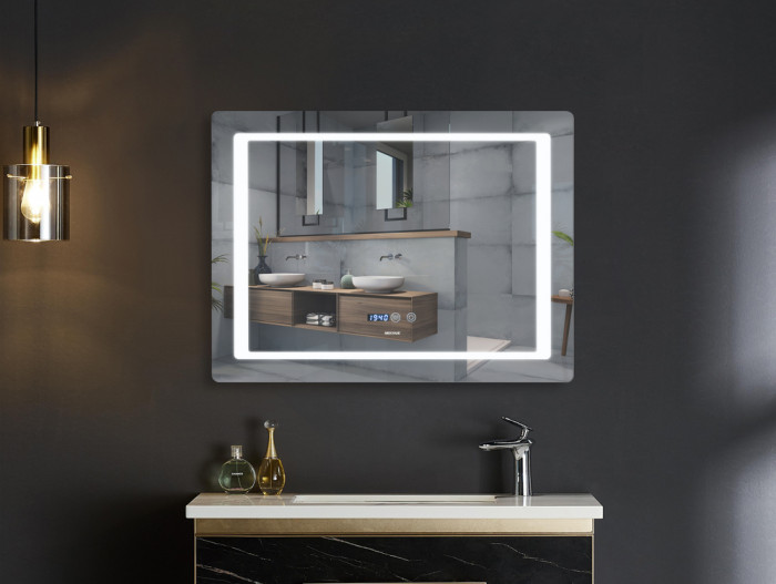 Дзеркало Mixxus STYLE MR03-90x70 з Led Touch, Anti-fog, димером, регулятором яскравості, годинником (MI6007)