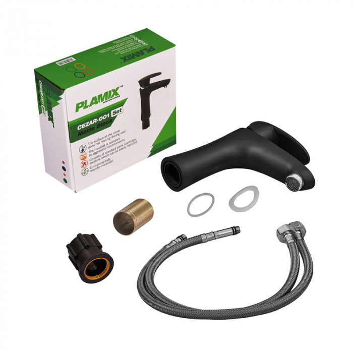 Змішувач для умивальника Plamix Cezar-001 SET Matte black (з підведенням) (PM0662)