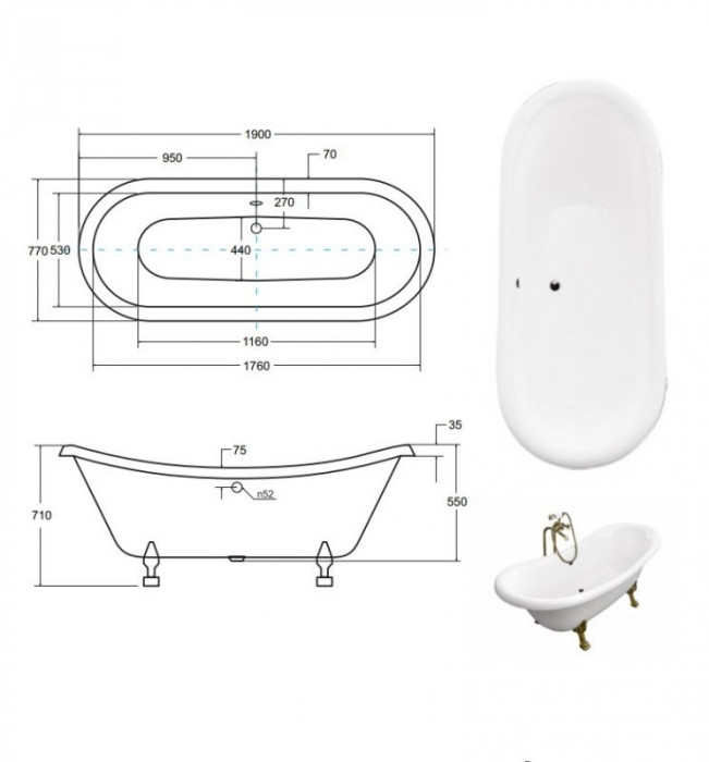 Ванна AMELIA ретро 190х77 чорна зовні біла всередині з ногами хром