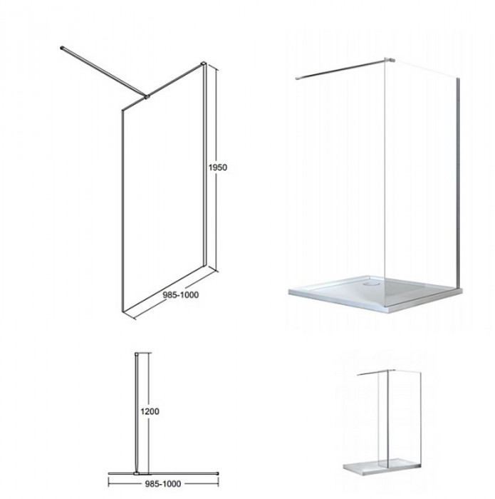 Кабіна walk in AVEO 100x195: скло прозоре, тримачі хромовані 120 см