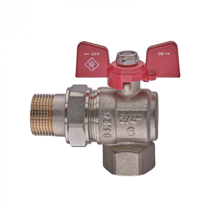Кран кульовий з американкою Nolf classic NFC.941-08-3/4" FM кутовий, ГШМ ручка "метелик" червона (NF3156)