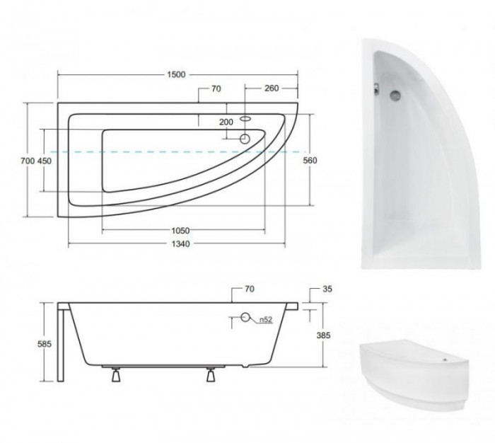 Ванна акрилова PRAKTIKA 150Х70 Права (соло)