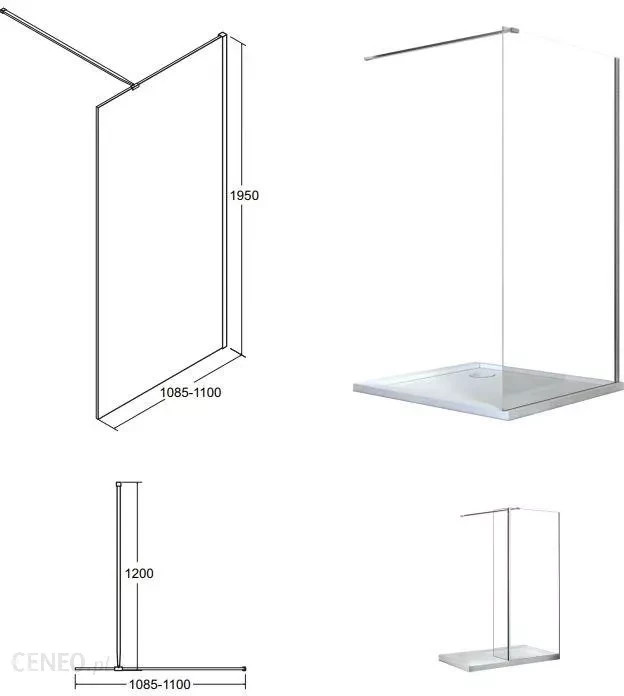 Кабіна walk in AVEO 110x195 скло прозоре, тримачі хромовані 120 см