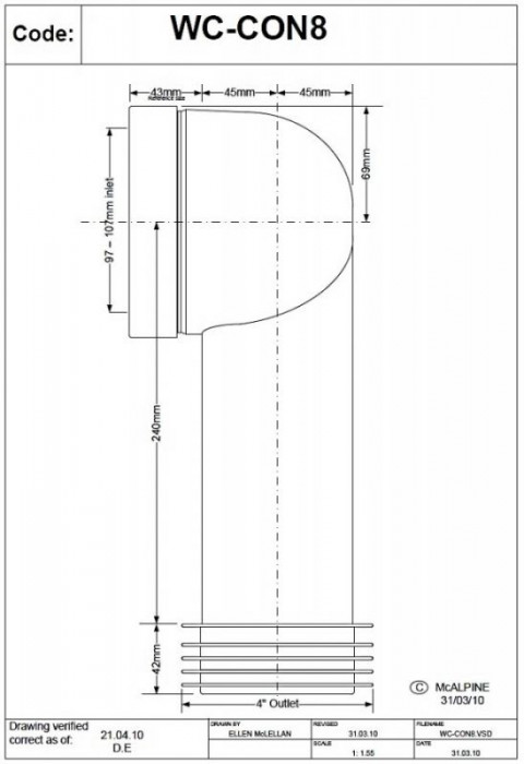 Колено для унитаза под углом 90 с уплотнением L-236mm WC-CON8E