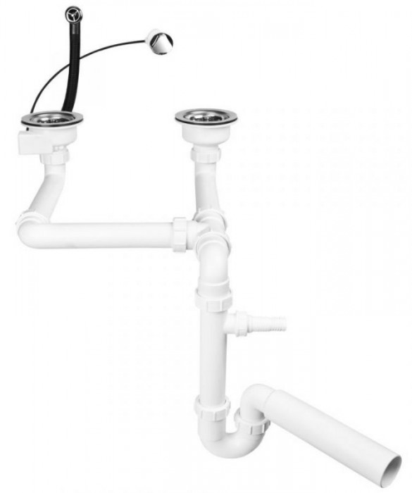 Сифон для двойной кухонной мойки с удлинителями, с автоматическим сливом 113 мм, 1 1/2х50мм HC7SSK2-POL2-25