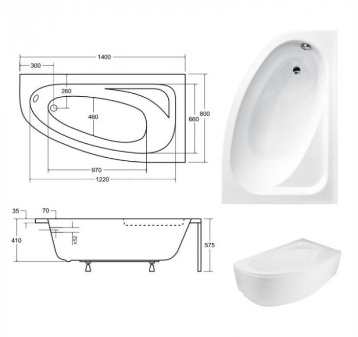 Ванна акрилова CORNEA 140х80 Права (соло) без ніг