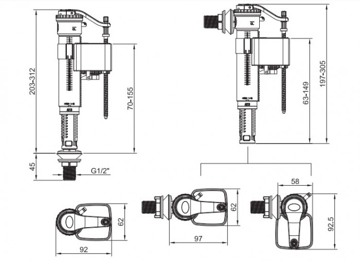 Арматура наповнювальна Koer KT-0101-1/2" з універсальним підключенням та латунним різьбленням 1/2" (KR5329)