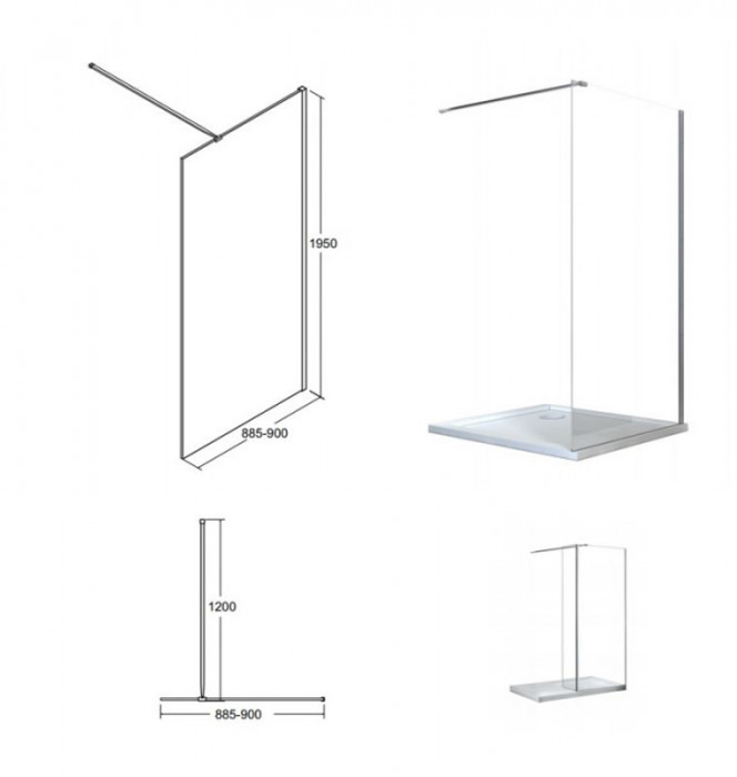 Кабіна walk in AVEO 90x195 скло прозоре, тримачі хромовані 120 см