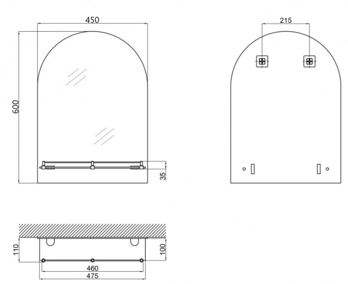 Дзеркало настінне Zerix LAGUNA MRZ03-45x60x11 прямокутне з дугоподібним верxом та полицею (ZX5621)