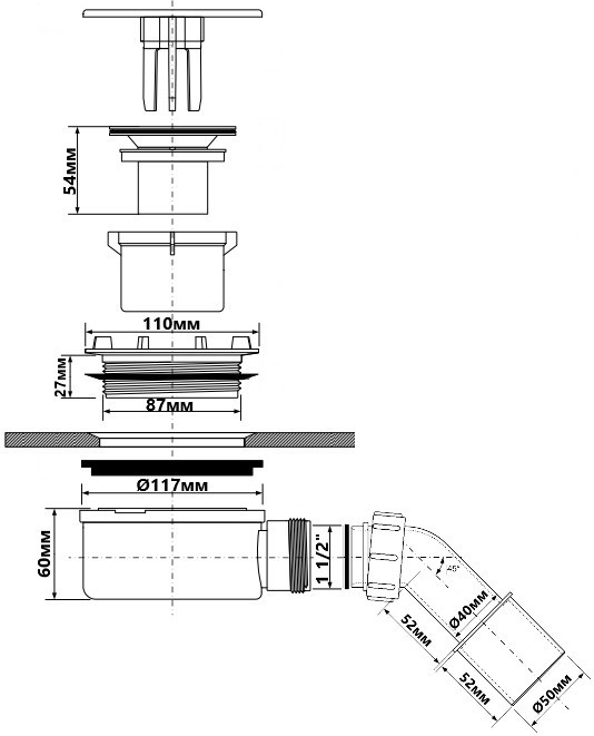 Сифон для низького піддону (висота - 60мм. / отвір 90мм / вихід - 40/50) HC2730LCPN-PB