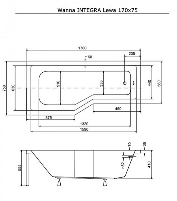 Ванна акрилова INTEGRA 170х75 Ліва (соло) без ніг