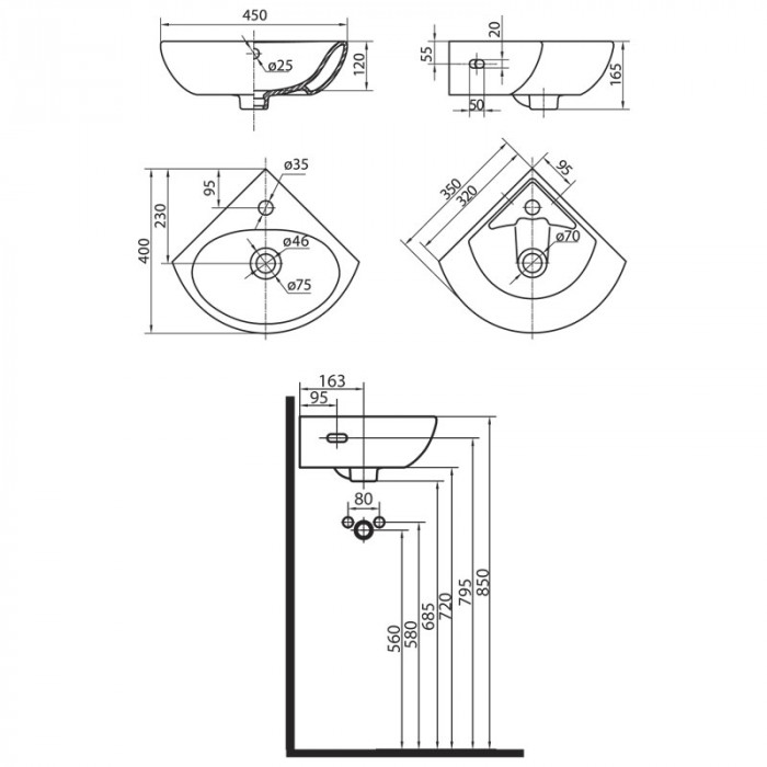 Раковина кутова RUNA 35см з/о (UKR) / KOLOua /  L82735000